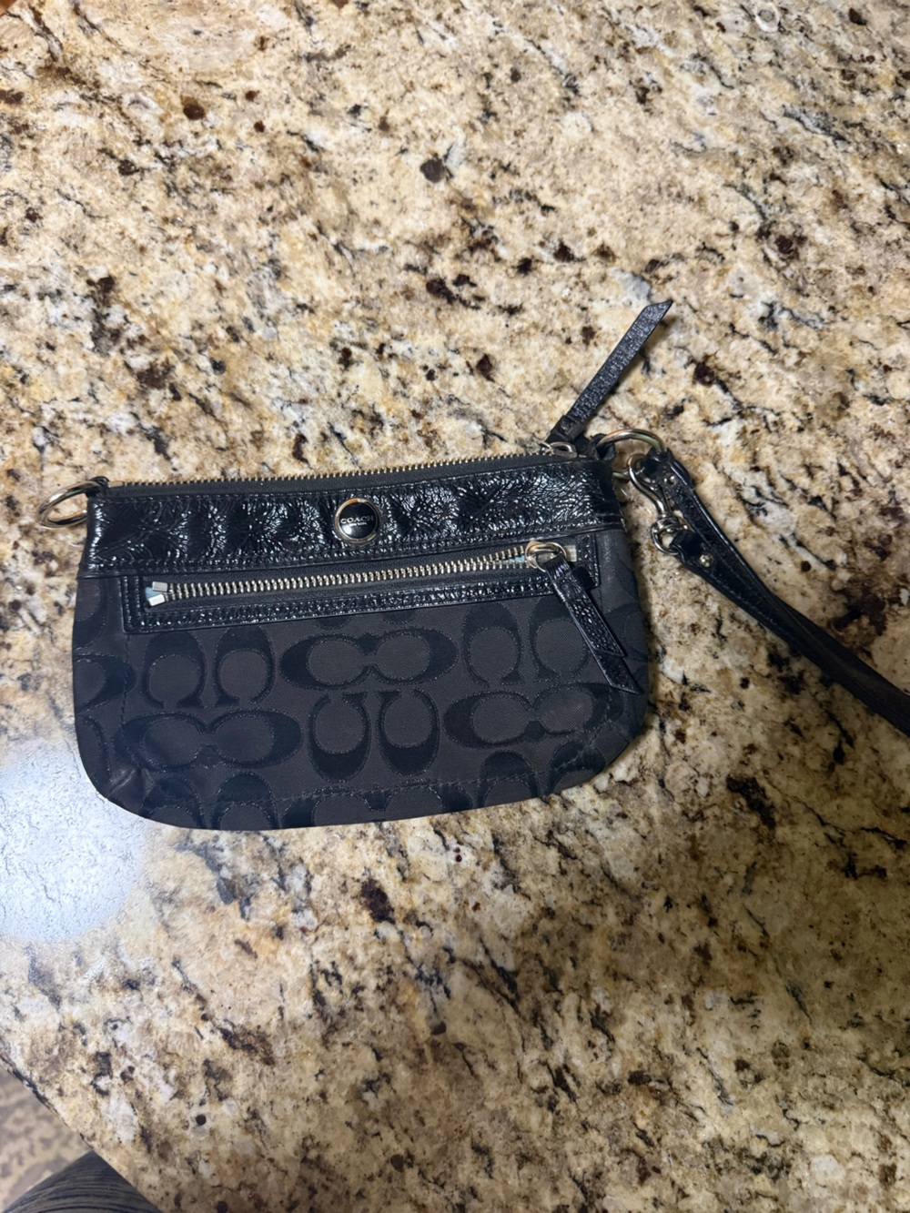 Coach Black Signature Jacquard and Patent Wristlet